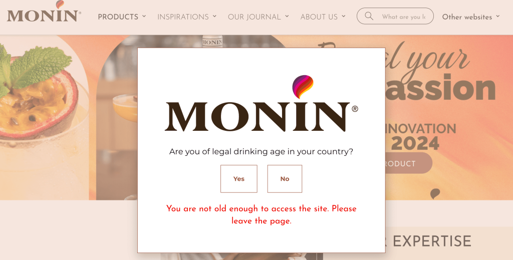 Monin store's age verification pop-up