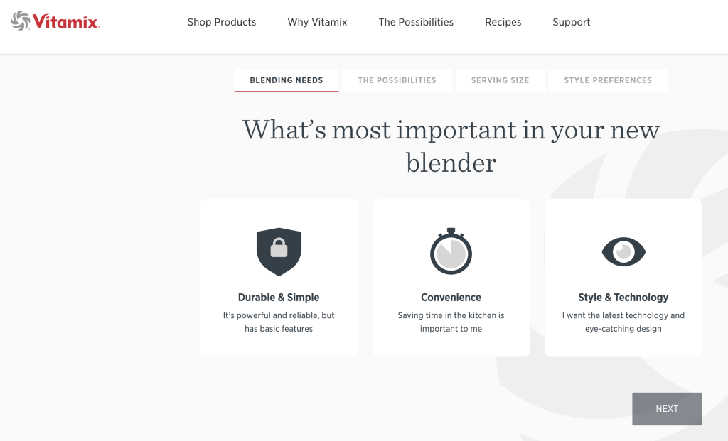 Vitamix store's Blender Recommender feature