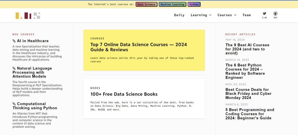 The homepage of LearnDataSci