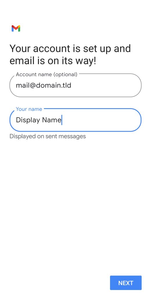 Entering account and display name on Gmail