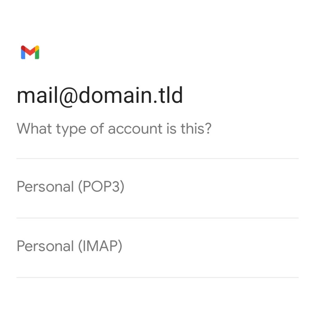 The account type options supported on Gmail