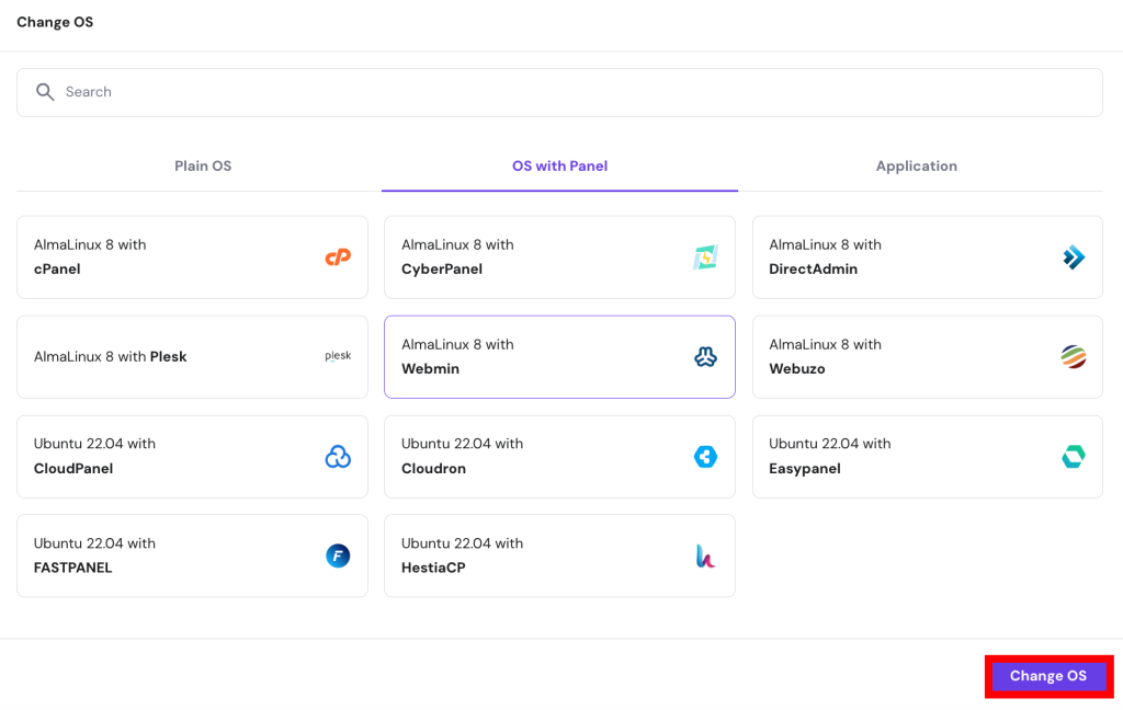 Choosing operating system with panel for VPS Hostinger 