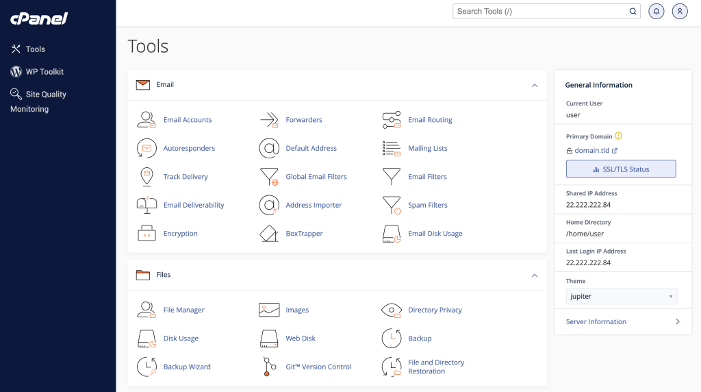 cPanel's dashboard