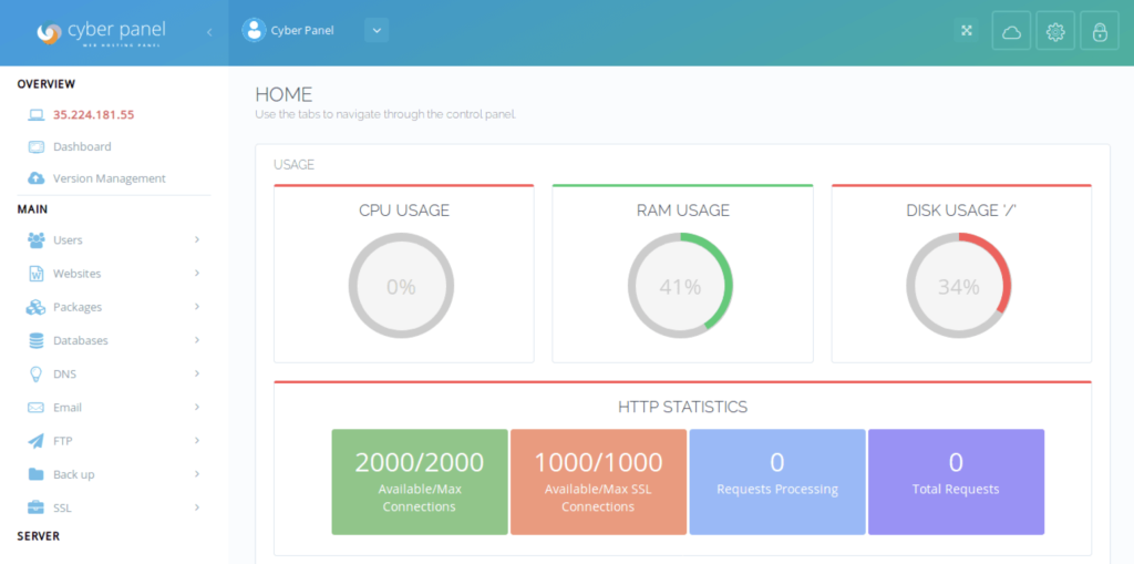 CyberPanel's dashboard