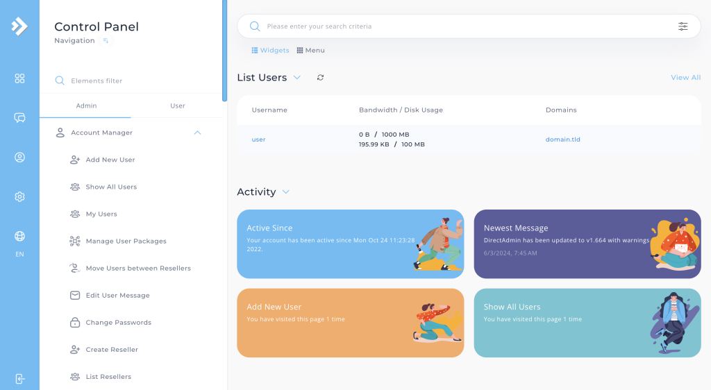 DirectAdmin's dashboard