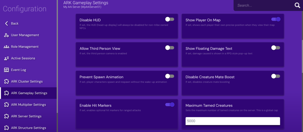 The ARK Gameplay Settings menu on Game Panel