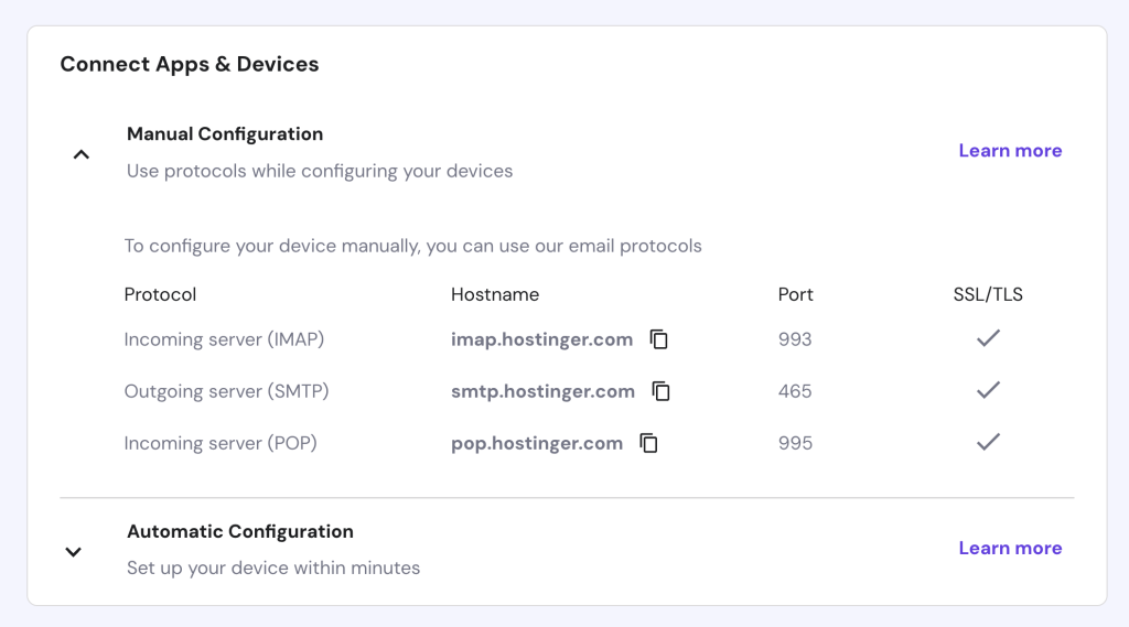 hPanel's Manual Configuration section for emails