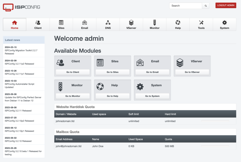 The ISPconfig dashboard