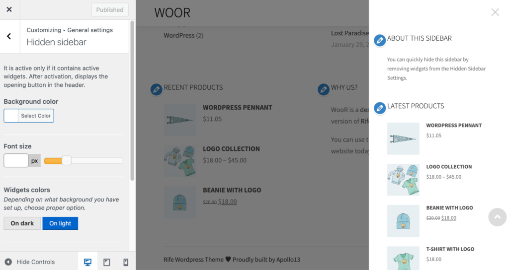 Customizing Rife Free's hidden sidebar as part of the WooCommerce plugin functionality