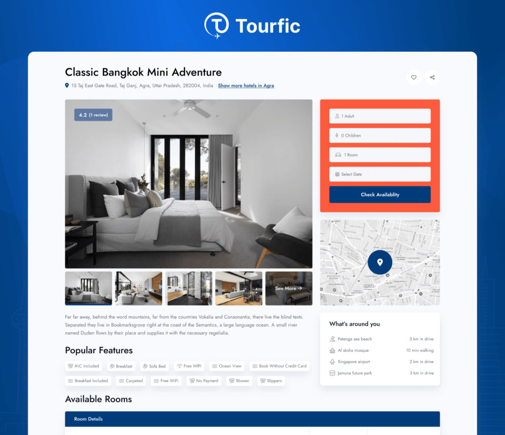 Example of a hotel booking page created using the Tourfic plugin