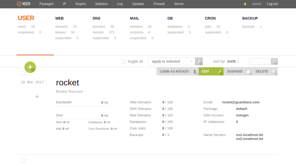 The VestaCP dashboard