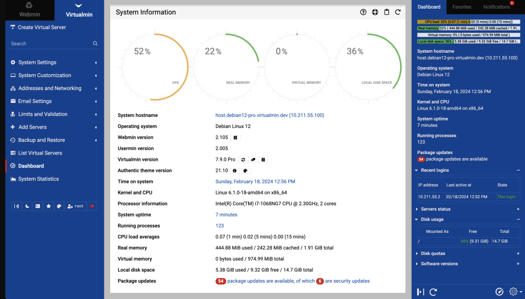 Virtualmin's dashboard