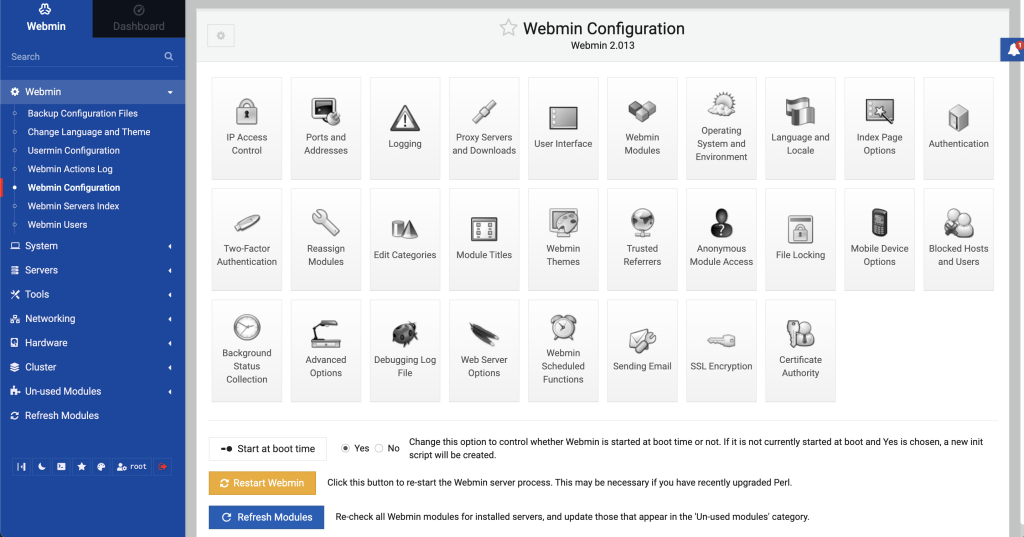 The webmin dashboard