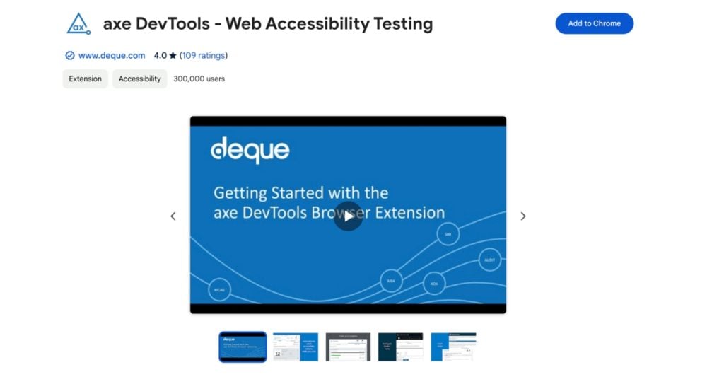 Axe DevTools - Chrome Web Store listing for the axe DevTools browser extension, featuring a video tutorial on how to get started with the tool.