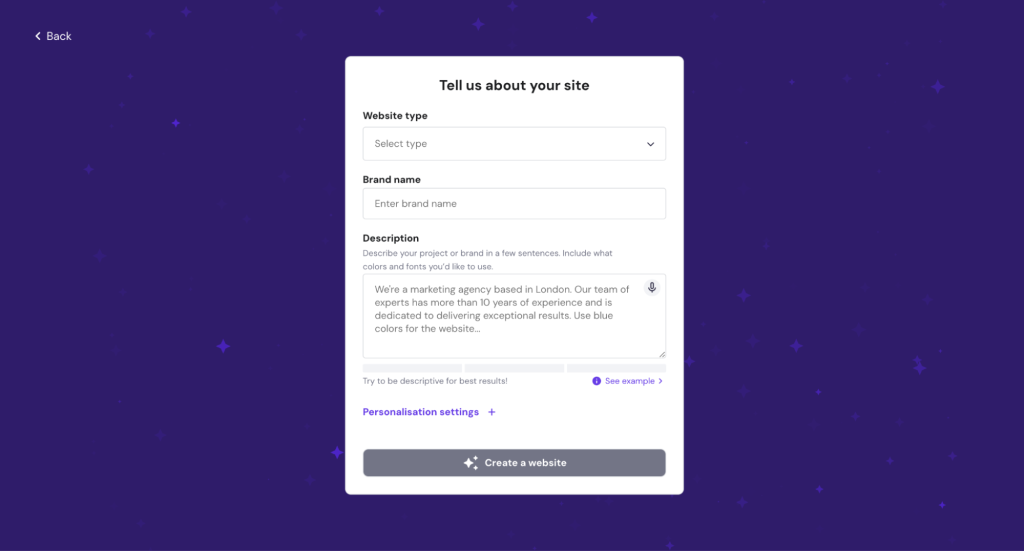 Tell us about your site screen from the AI builder flow