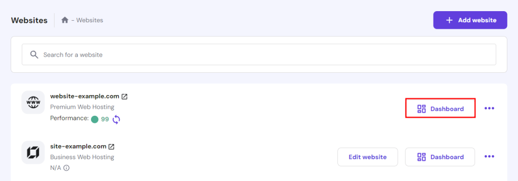 The Websites section in hPanel with the Dashboard button highlighted in red