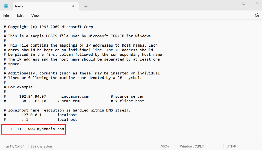 Adding IP address to the hosts file in Windows 10