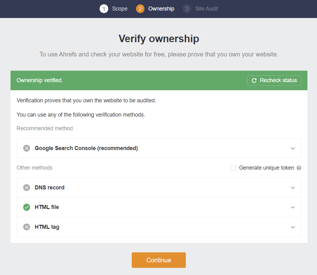 Website ownership verification popup that shows up during Ahref's onboarding process