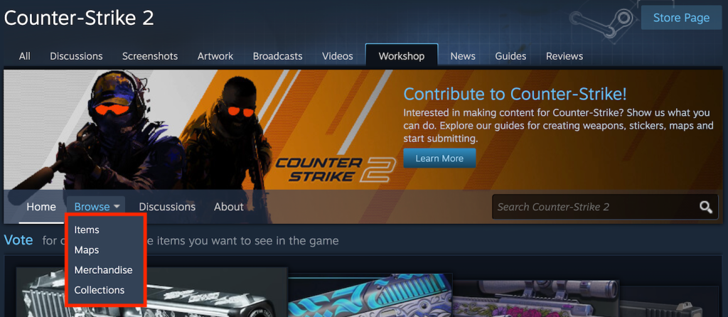The Browser menu in CS2 Workshop page