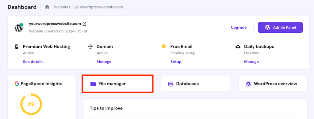 File Manager access button in hPanel
