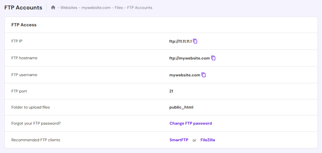 FTP Accounts section in Hostinger's hPanel