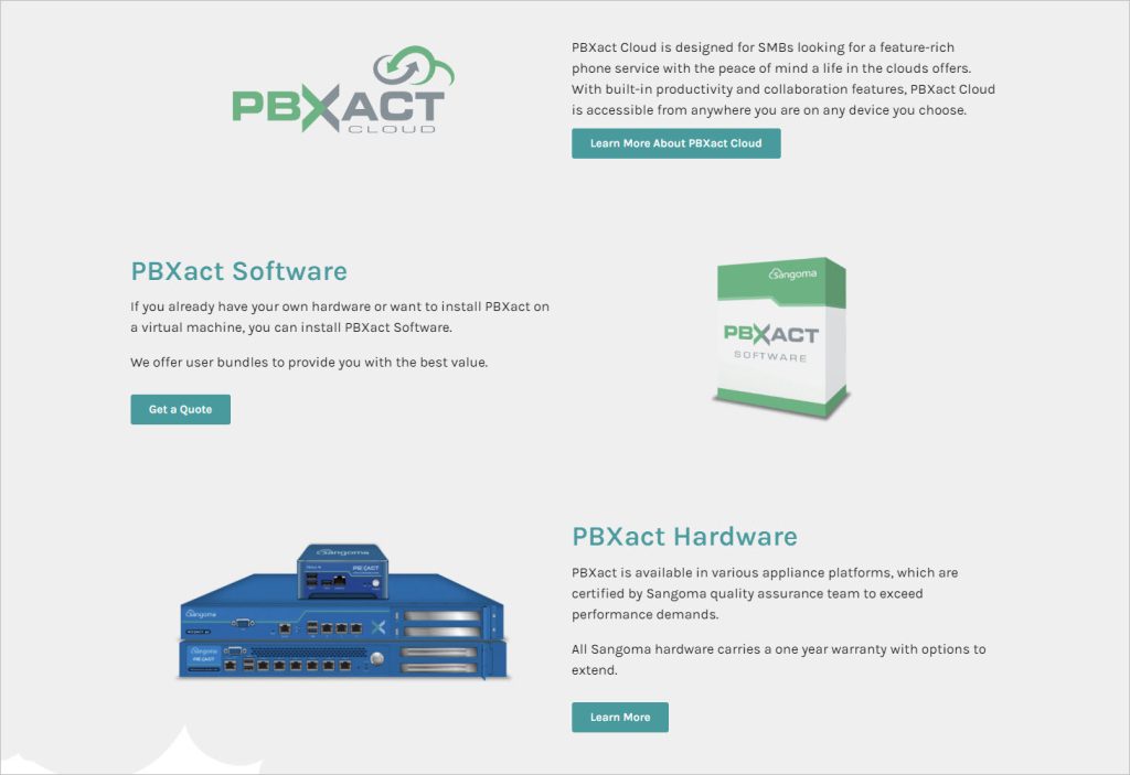 A screenshot of the FreePBX website offering a commercial, cloud-based solution with software bundles and Sangoma hardware platforms