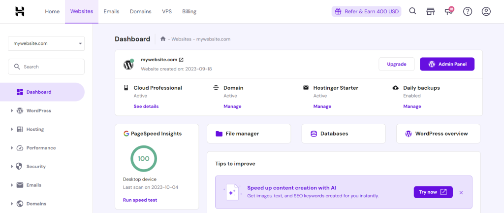 hPanel's hosting plan management front page
