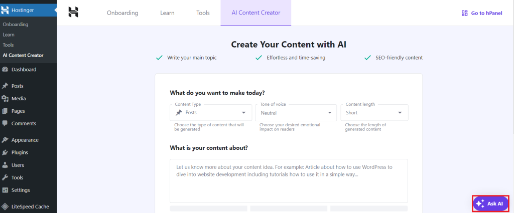 The Ask AI chatbot button is highlighted in the WordPress dashboard