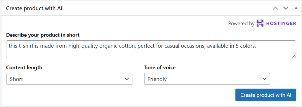 The Hostinger AI Content Creator tool in the WooCommerce product page editor interface.
