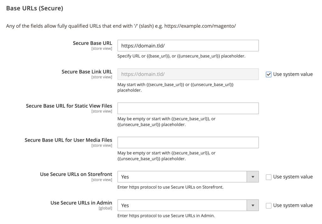 The Base URLs (Secure) options in Magento
