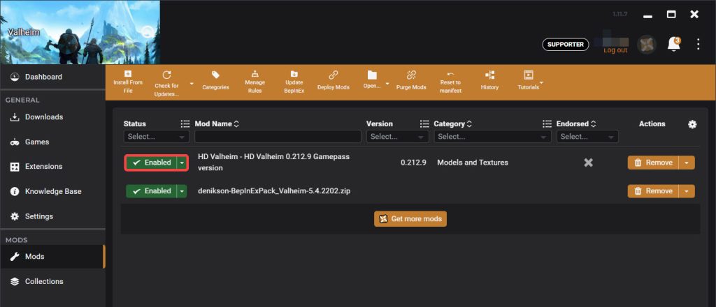 A screenshot showing the HD Valheim mod installed and enabled in the Vortex mod manager.