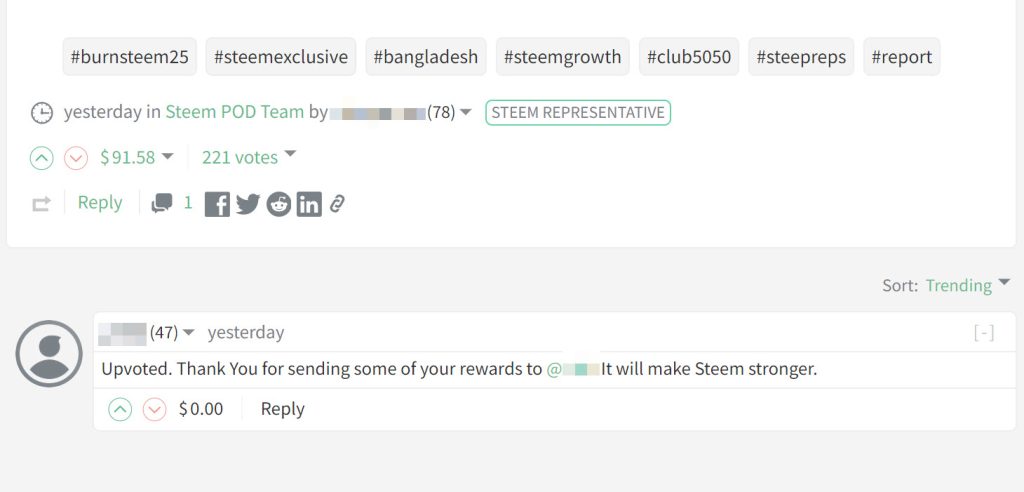 A screenshot showing a summary of a post on Steemit with a reply and typical action buttons, as well as the currency reward system for interactions.