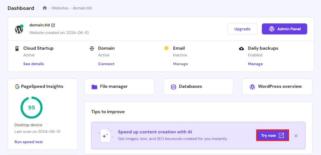 The Try now button is highlighted under the Tips to improve section in hPanel dashboard