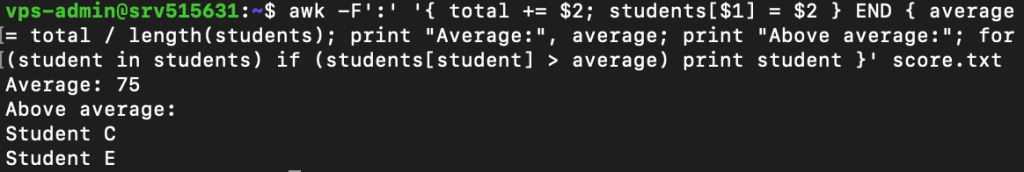 awk prints average score and students with the higher-than-average score