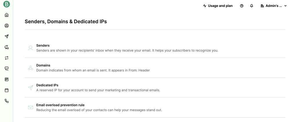 Brevo's Senders and Domains options