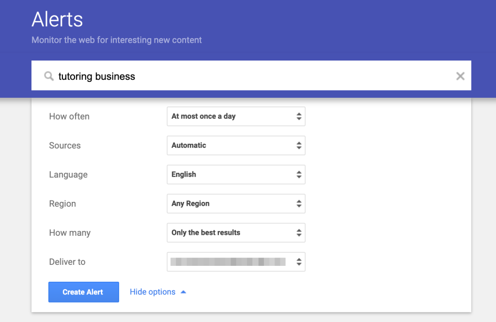 Google Alerts filter options