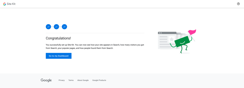A confirmation message confirming that Google Site Kit setup process has been successful