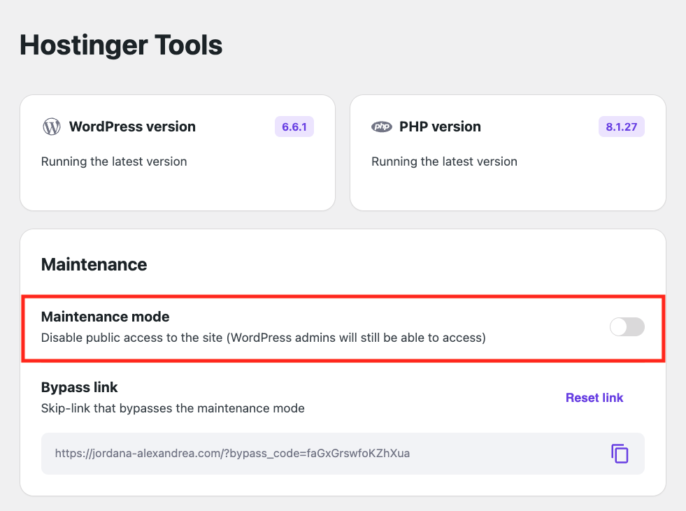 WordPress maintenance mode via Hostinger Tools plugin