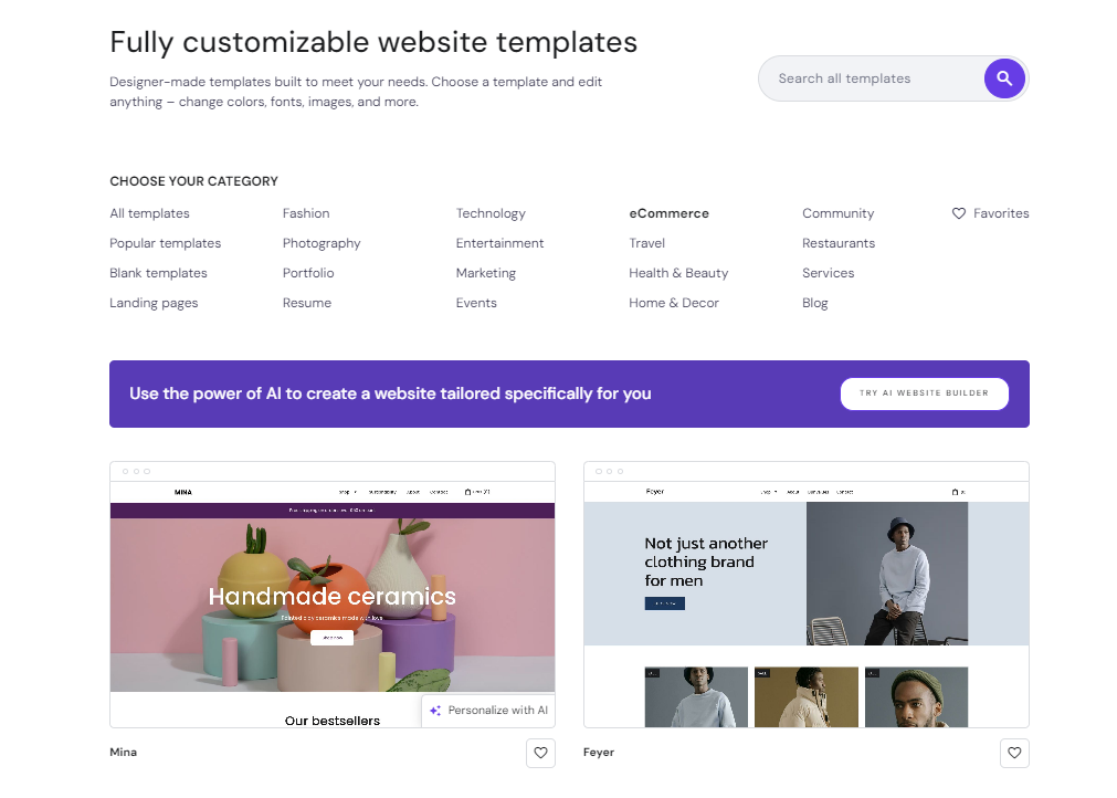 Hostinger Website Builder's eCommerce template options