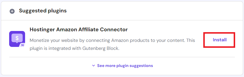 The Hostinger Amazon Affiliate Connector plugin's install button highlighted on hPanel