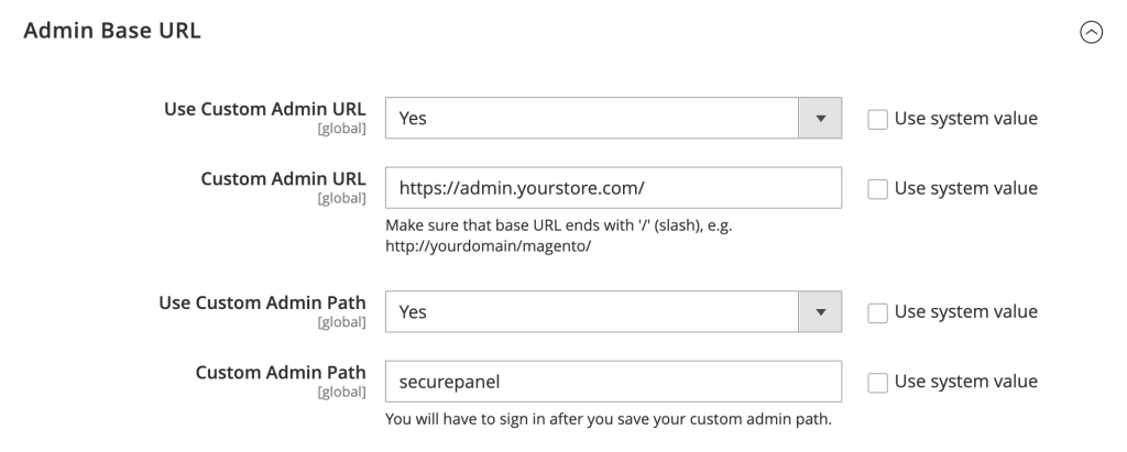 Magento's Admin Base URL section