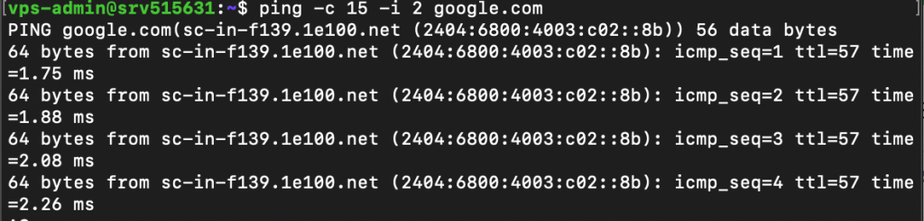 ping command sends packets to google with custom settings