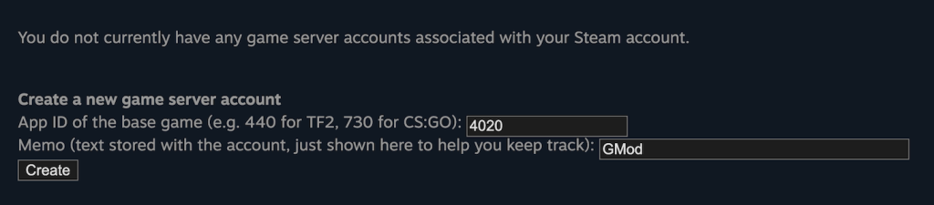 Steam game server token creation menu