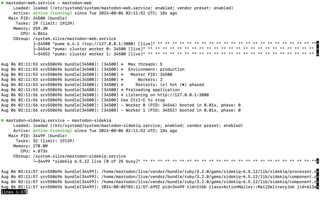 Mastodon services' active and running statuses