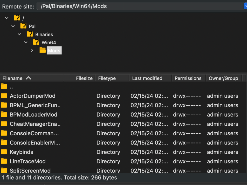 The mods folder location in FileZilla