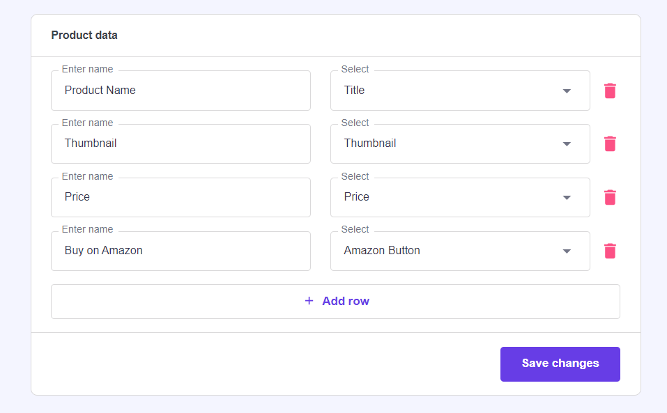 The product data configuration when creating a comparison table using Hostinger Amazon Affiliate Connector plugin