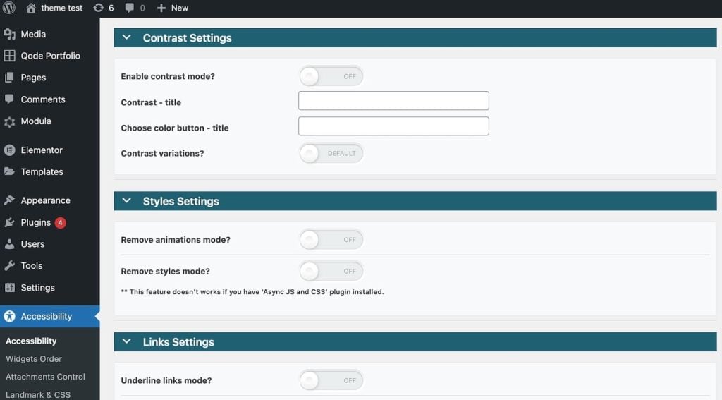 WAH accessibility features settings