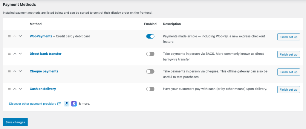 Supported payment methods in WooCommerce