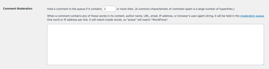 WordPress comment settings where user can set the number of links and keywords to trigger manual moderation