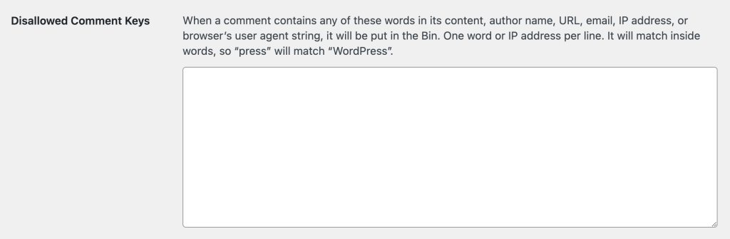 WordPress comment settings where user can add blocklisted keywords to automatically delete comments with theme